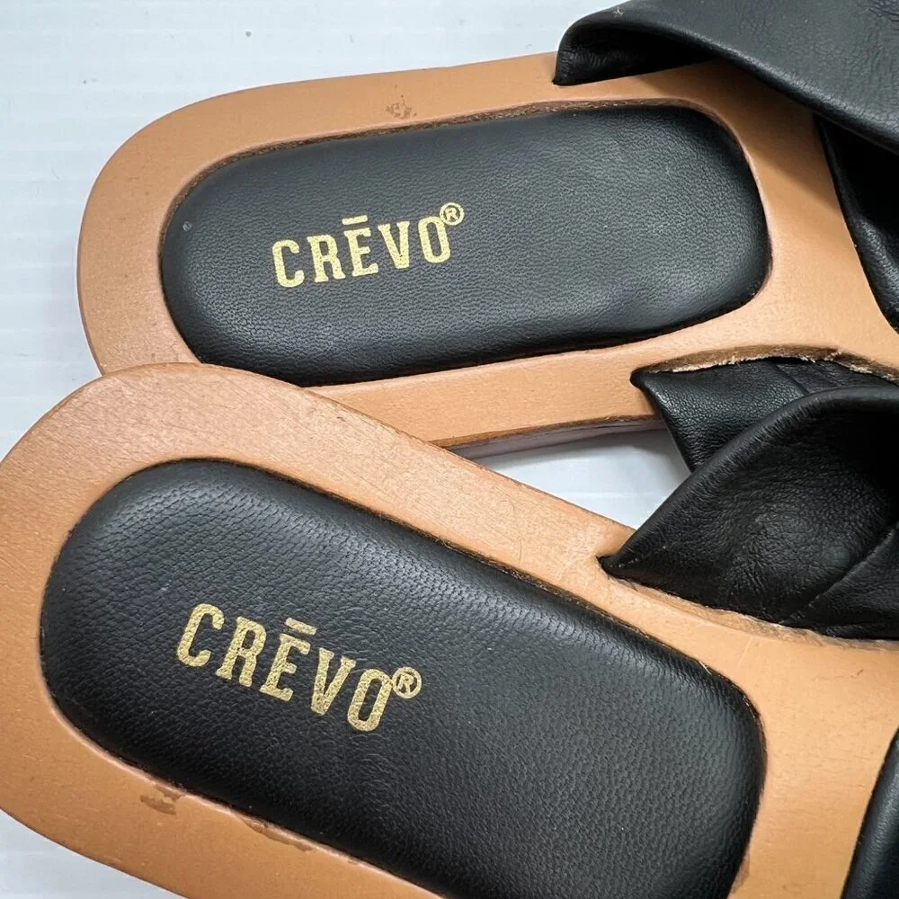 CREVO Kitty Bow Leather Slide Sandal Size 6 Black Square Open Toe Flats